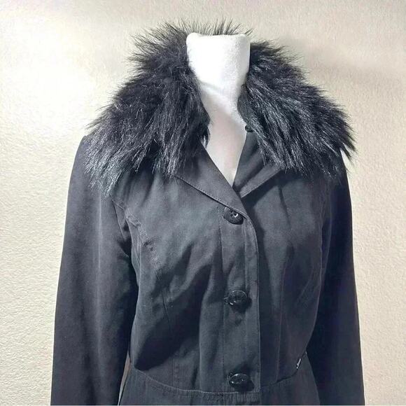 Vintage GUESS Faux Fur Mid Length Trench Coat RARE Jacket in Black Sz. Small - Picture 5 of 16